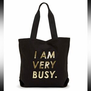 ban.do I AM VERY BUSY Black Canvas Tote Bag with Gold Foil Lettering